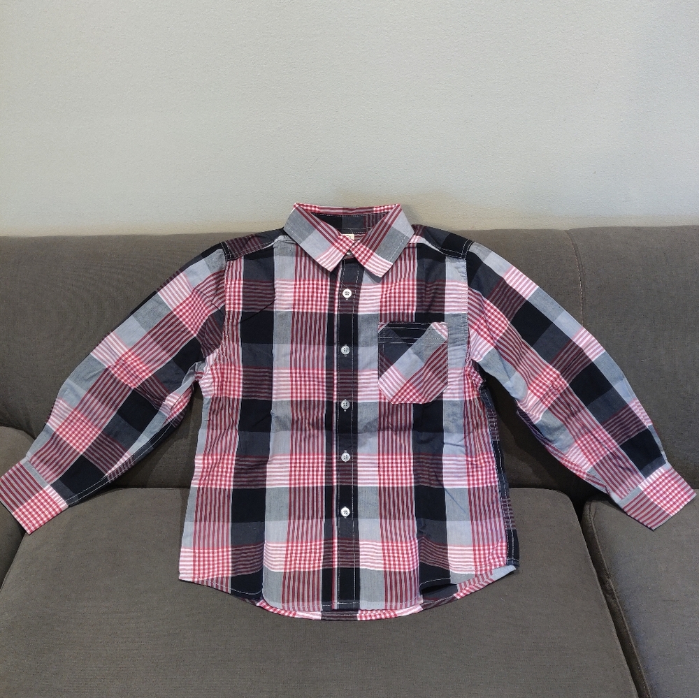 Faded Glory Red, Black & Gray Plaid Button-Down Shirt